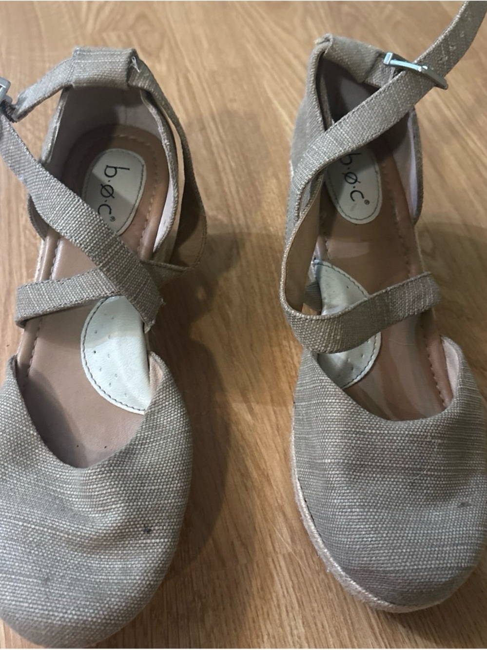 b.o.c. Neutral Taupe Crisscross Canvas Wedge Sandals